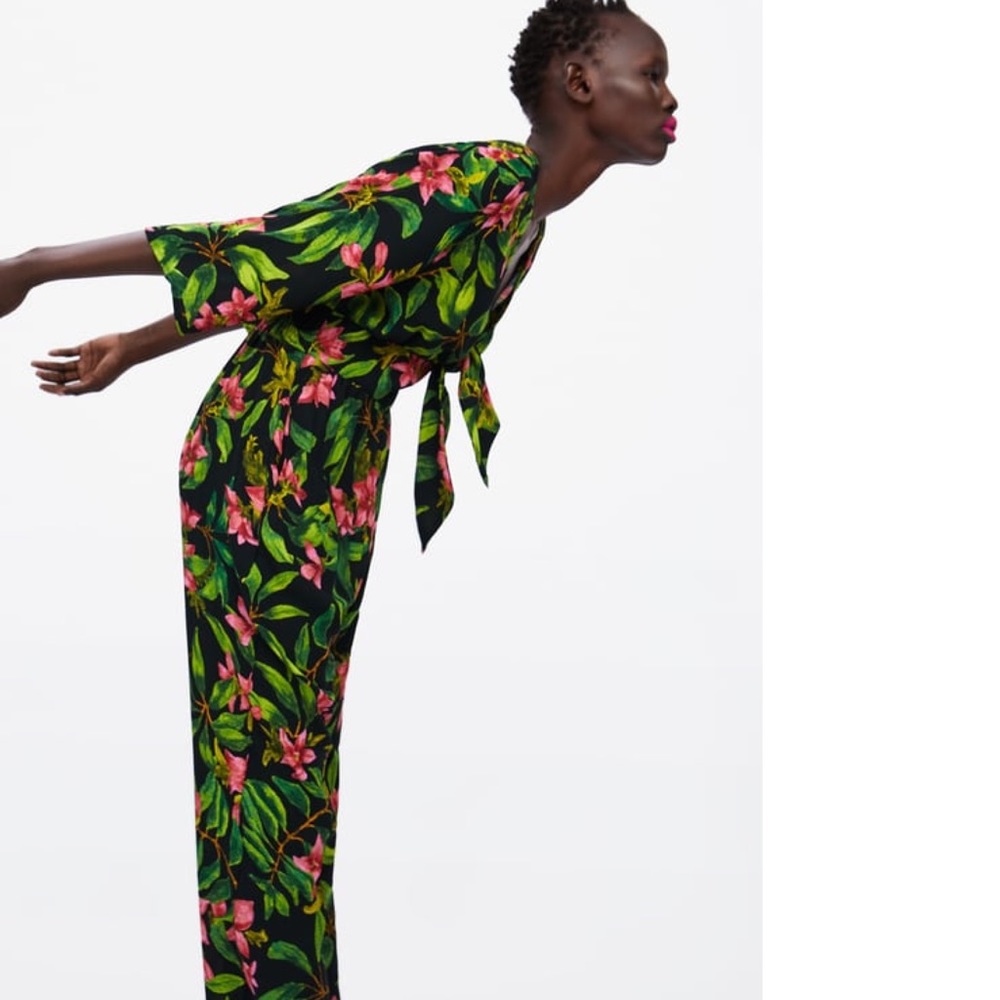 ZARA Tropical Print Jumpsuit Black,  Green, Pink Hibiscus - Picture 5 of 13